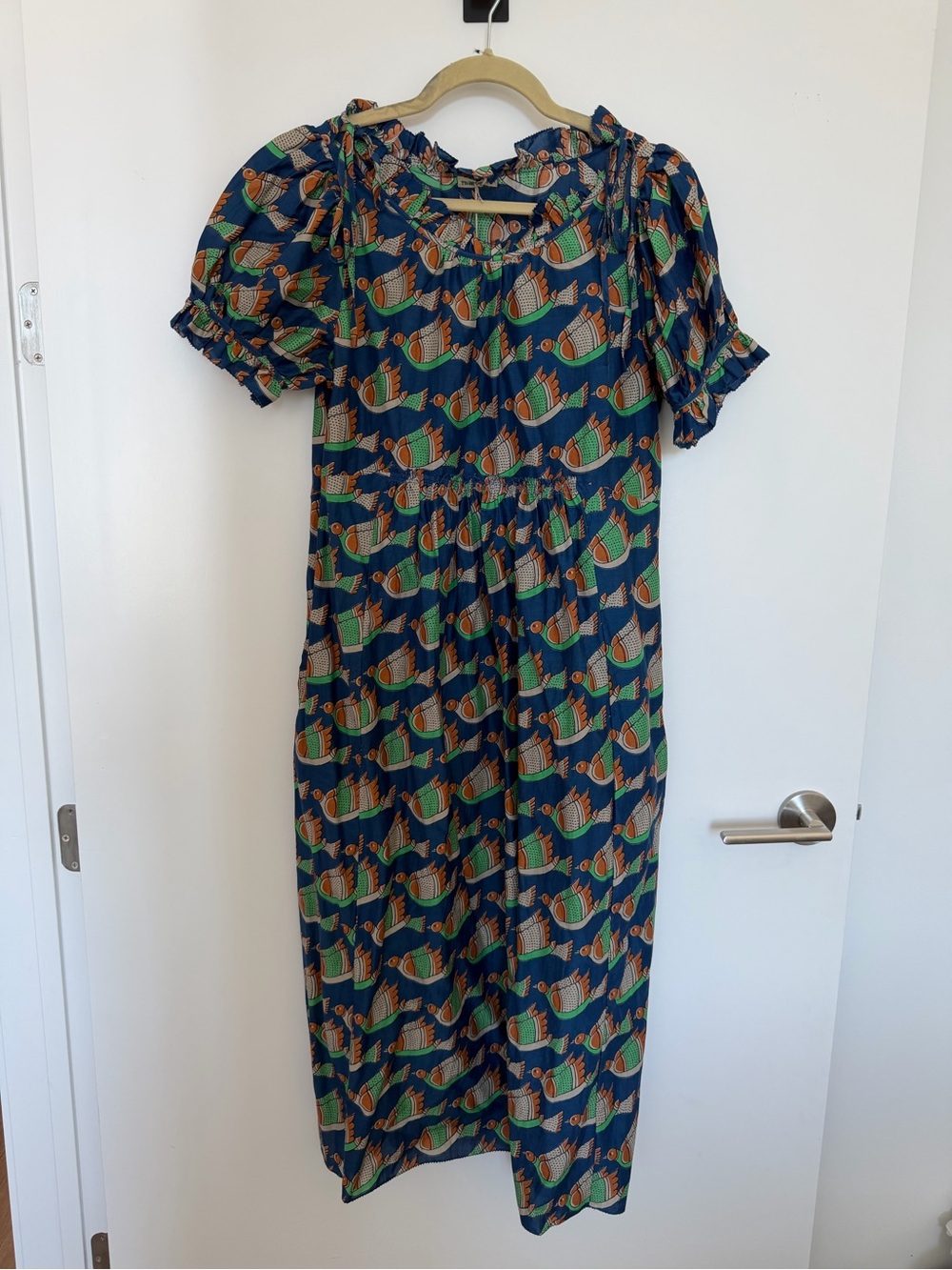 Matta Navy Multicolor Puff-Sleeve Printed Midi Dress